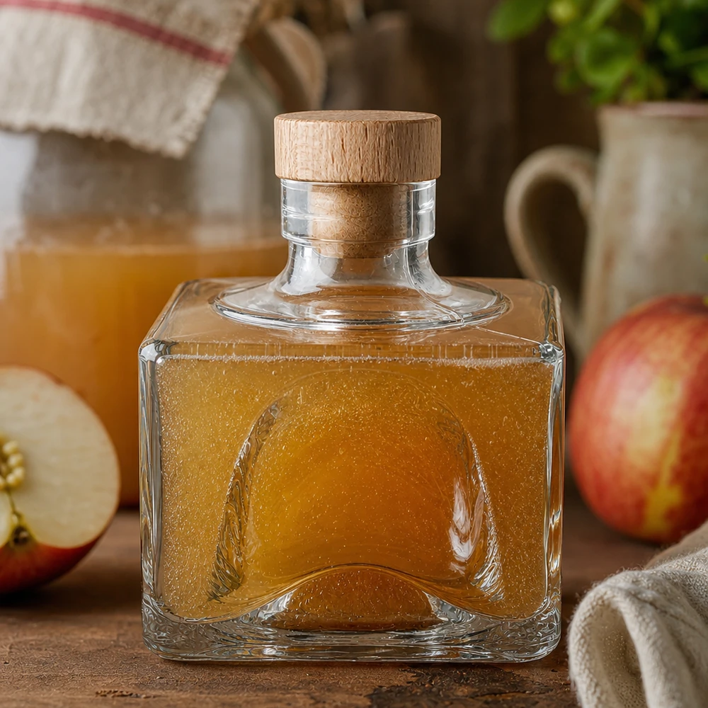 200ml Glasflasche Bob mit Apfelschnaps gefüllt, Holzgriff-Korken UNiTWIST, rustikale Dekoration mit Äpfeln