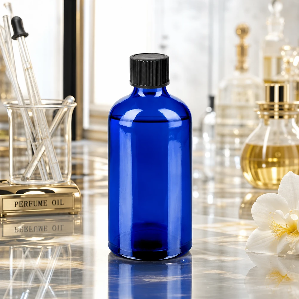 Frasco cuentagotas de 100ml 1mm negro cierre estándar BlueLine UT18/100 Elegante frasco cuentagotas azul cobalto de 100 ml con tapón negro mate para una presentación elegante del producto