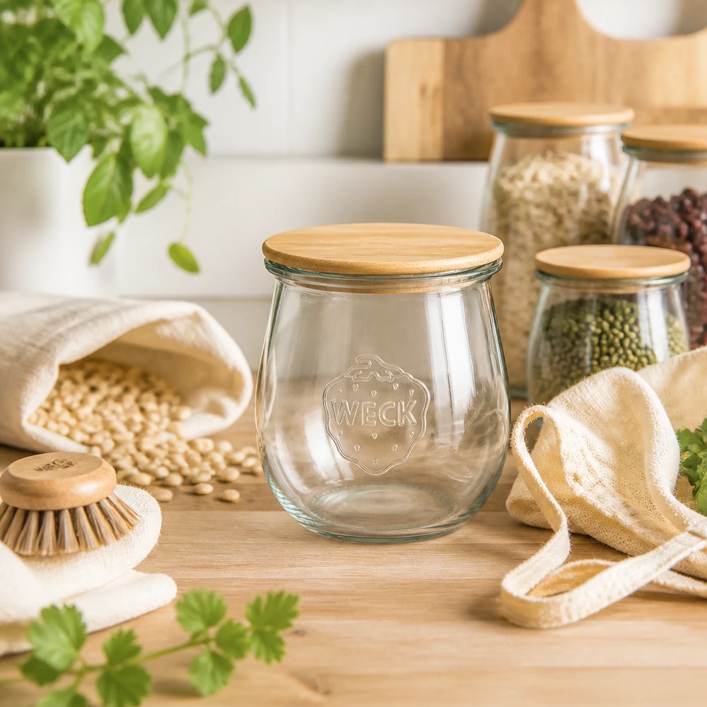 220ml tarro tulipán WECK RR60 con tapa de madera WECK Tulpenglas 220ml RR60 Holzdeckel in Zero-Waste Küche mit Hülsenfrüchten Getreide und nachhaltigen Utensilien