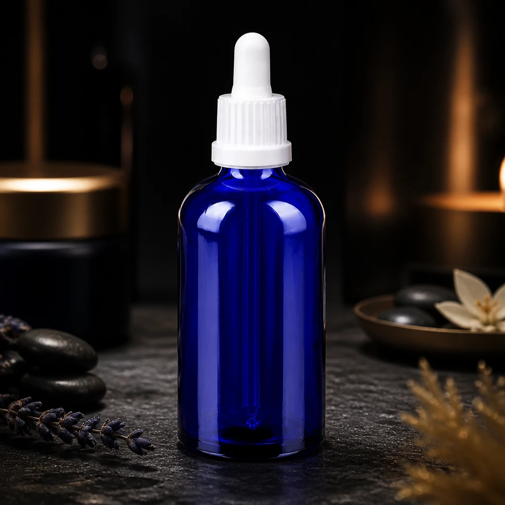 Frasco pipeta 100ml cierre inviolable blanco BlueLine UT18/100 Frasco de vidrio azul cobalto de 100 ml con pipeta ergonómica de fácil manejo BlueLine UT18/100