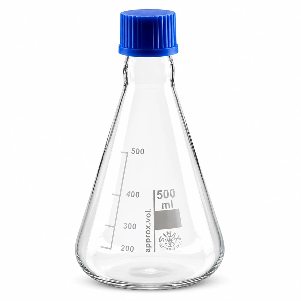 Matraz Erlenmeyer 500ml con tapón de rosca Matraz Erlenmeyer de 500 ml con forma cónica y práctico tapón azul