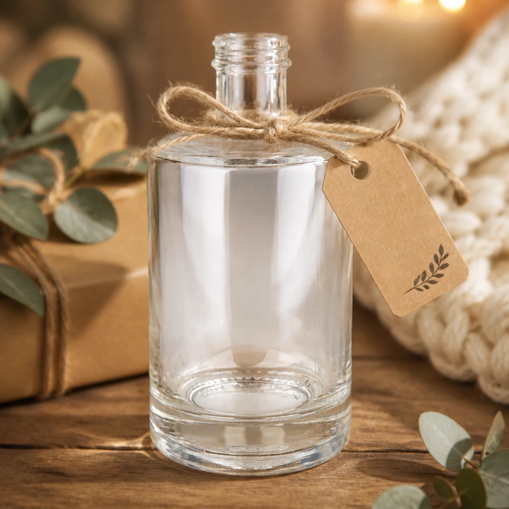Botella de cristal de 500 ml Sam vacía con etiqueta de papel kraft lazo de yute embalaje de regalo rústico base de madera