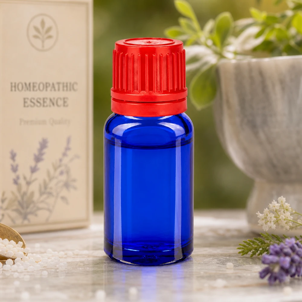 Frasco 10ml 11mm tapón rosca rojo con precinto BlueLine UT18/10 Frasco boticario azul 10ml con tapón rojo 11mm SV para esencias homeopáticas y naturopatía