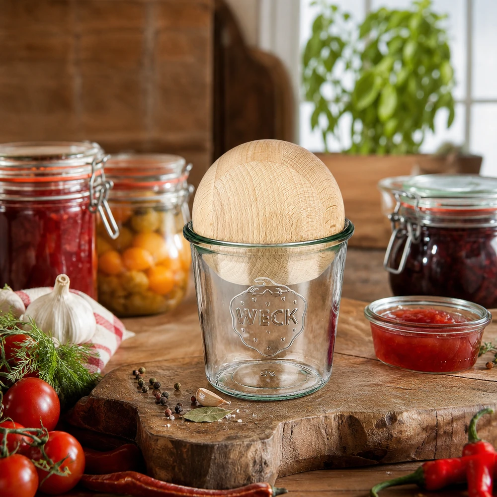 Vasos de 580ml WECK RR100 con bola de madera de haya Tarro WECK 580ml RR100 con bola de madera de haya en una cocina rústica entre tarros de conserva e ingredientes frescos