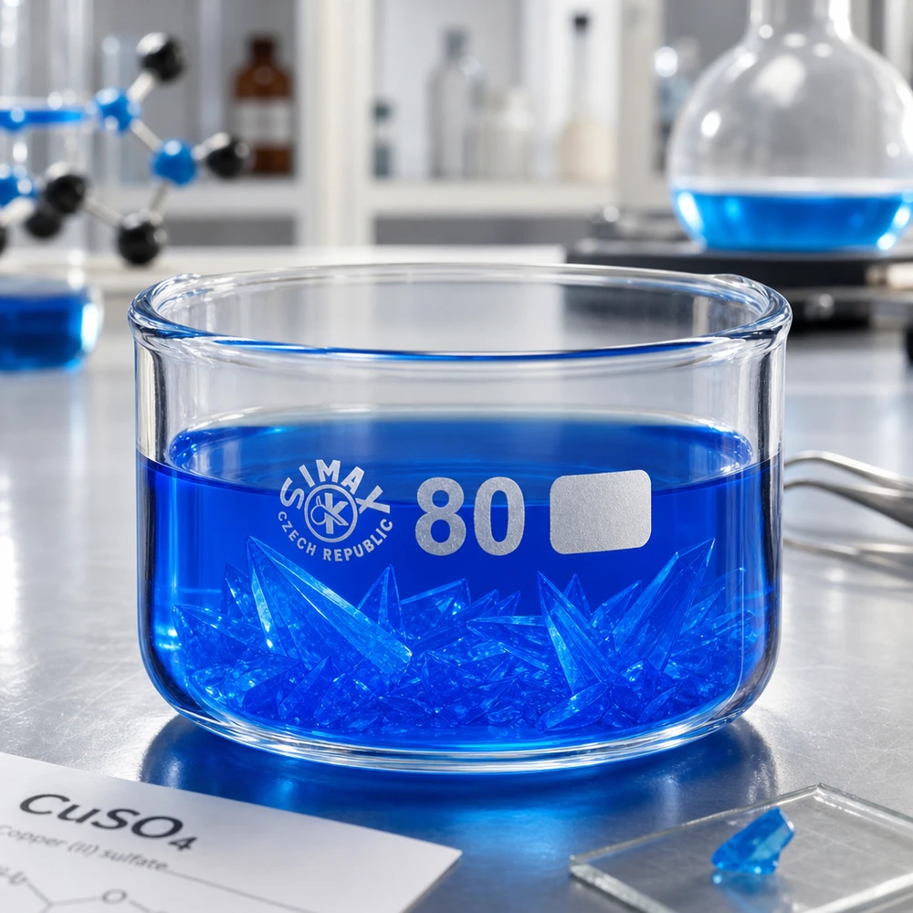 Cristalizador 150ml sin pico borosilicato ø80mm Cristales azules de sulfato de cobre en una bandeja de cristalización de 150 ml de vidrio borosilicato, de 80 mm de diámetro, de la marca SIMAX