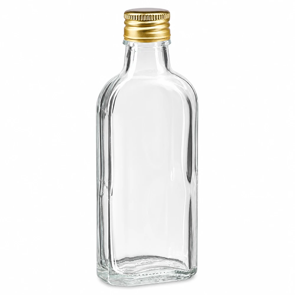 Botella de cristal Meplat transparente de 100 ml con tapón de aluminio dorado PP22 para bebidas espirituosas y licores