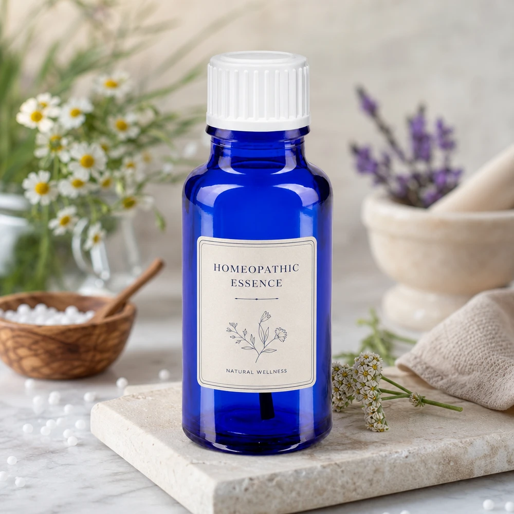 Esencia homeopática en frasco de cristal azul cobalto de 20 ml con tapón blanco y decoración de hierbas
