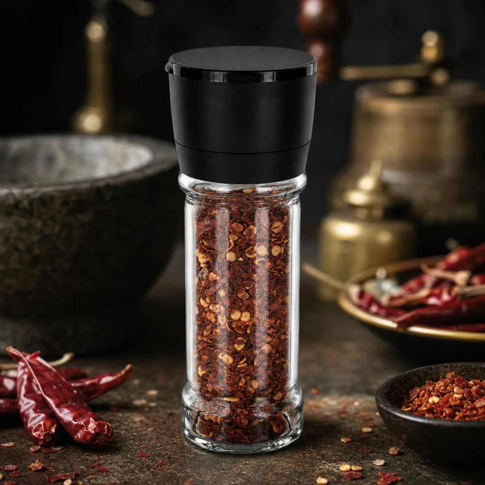 Frasco para sal y especias de 100 ml con molinillo Vario negro Molino de especias Vario de 100 ml con tapa de plástico negro, relleno de copos de chile rojo