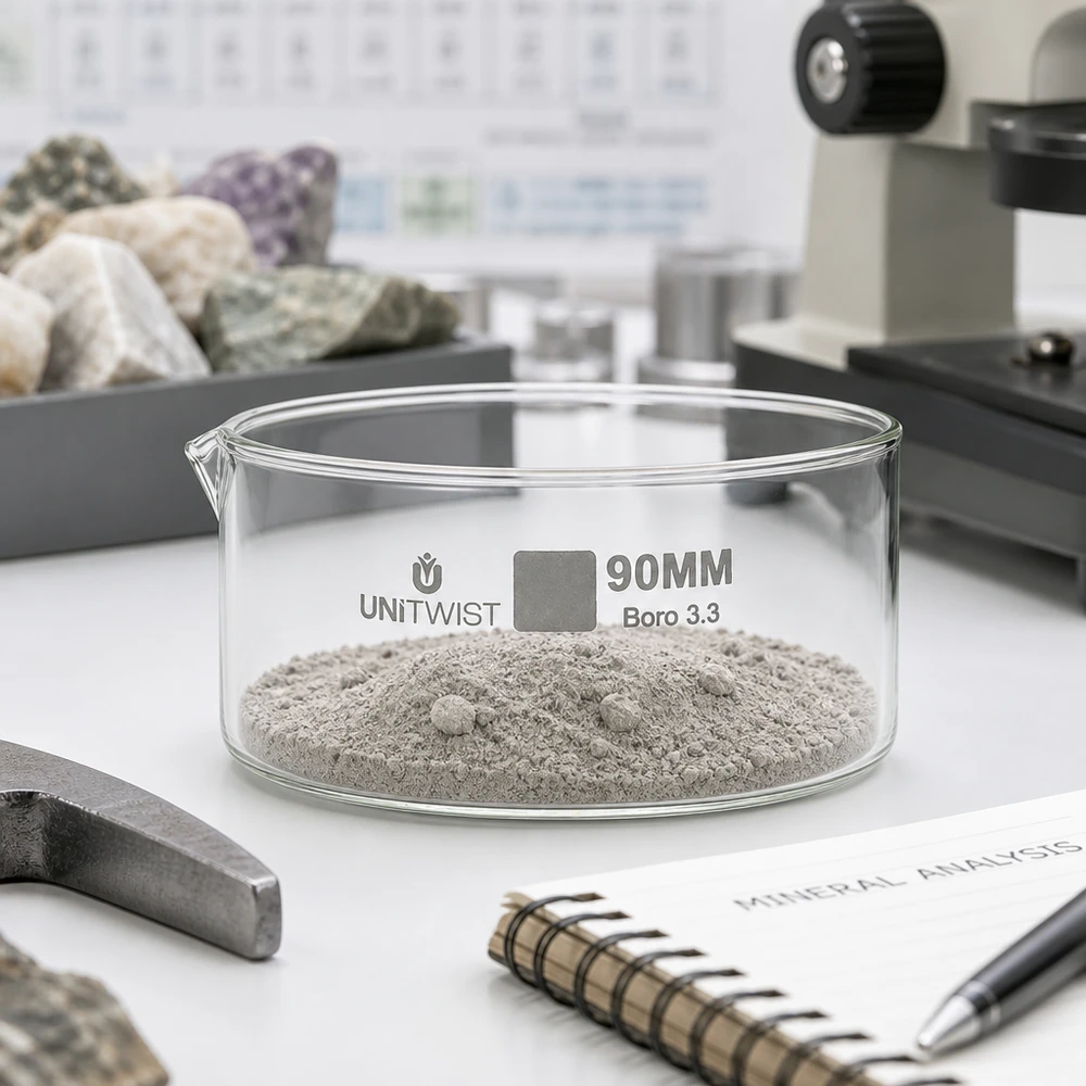 Bandeja de cristalización UNiTWIST de 90 mm con polvo mineral gris sobre la mesa de laboratorio para análisis de rocas