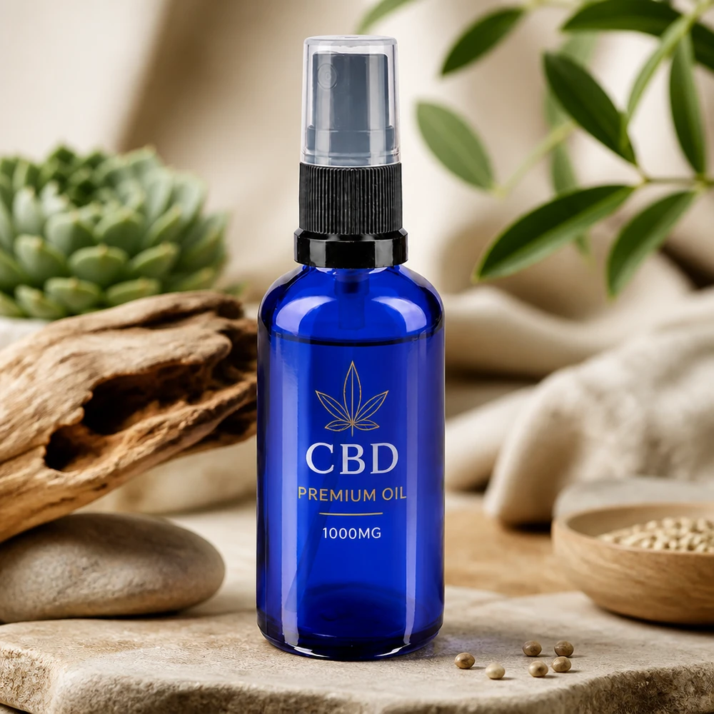 Botella de farmacia azul 50ml atomizador negro Frasco de cristal azul de 50 ml con protección UV y pulverizador para aceite de CBD y cosmética natural