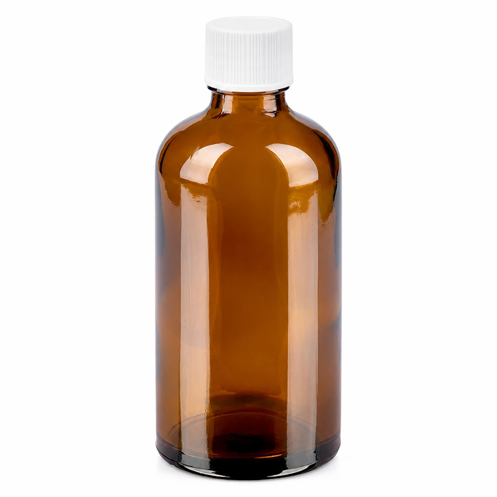 Frasco de vidrio marrón de 100 ml con tapón de rosca blanco para medicamentos y cosméticos