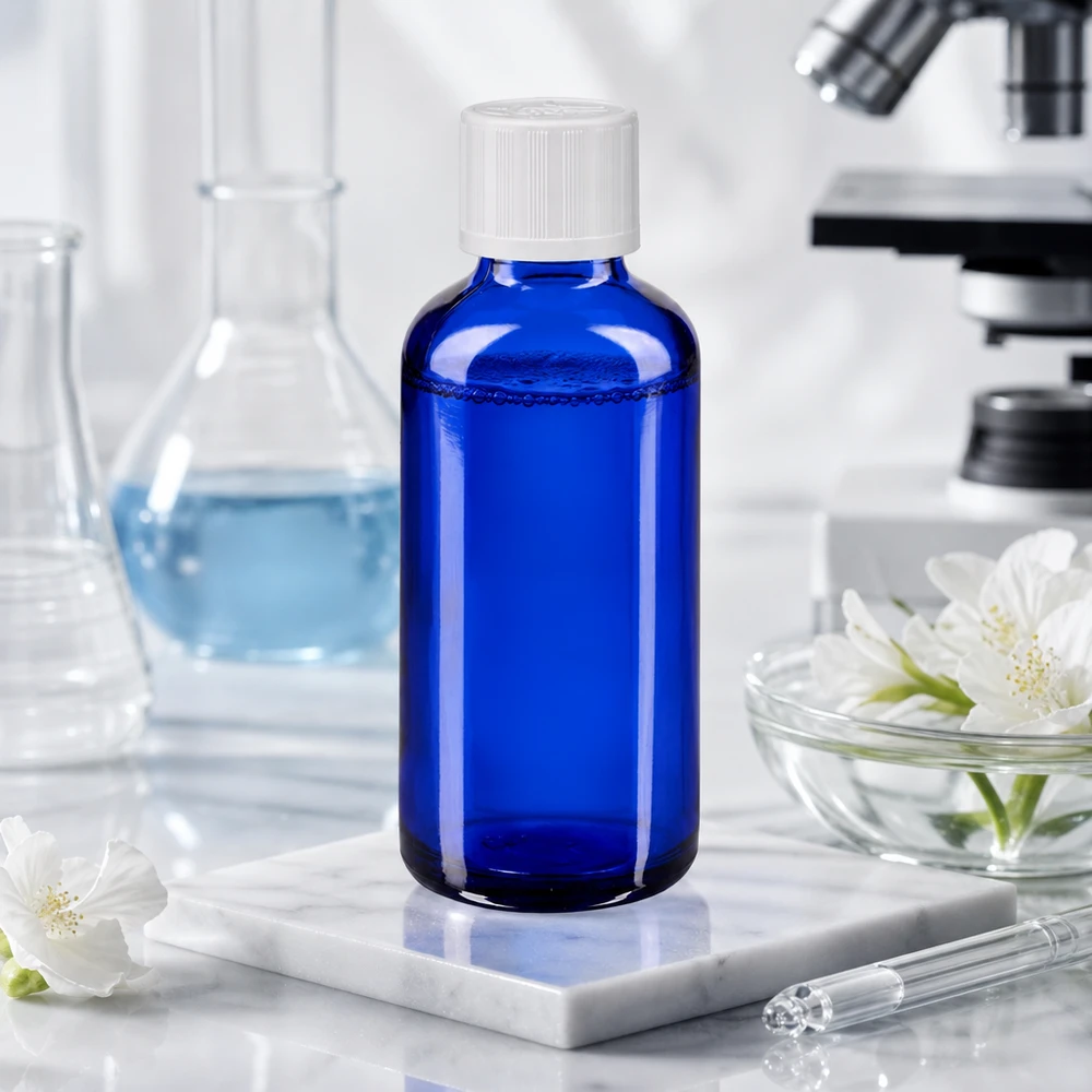 Frasco de cristal azul de 50 ml con tapón KiSi en el laboratorio, junto al microscopio y al matraz de Erlenmeyer