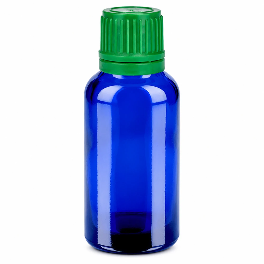 Frasco 30ml 11mm tapón rosca verde con precinto BlueLine UT18/30 Frasco cuentagotas de 30 ml de vidrio azul con tapón de rosca verde para aceites esenciales