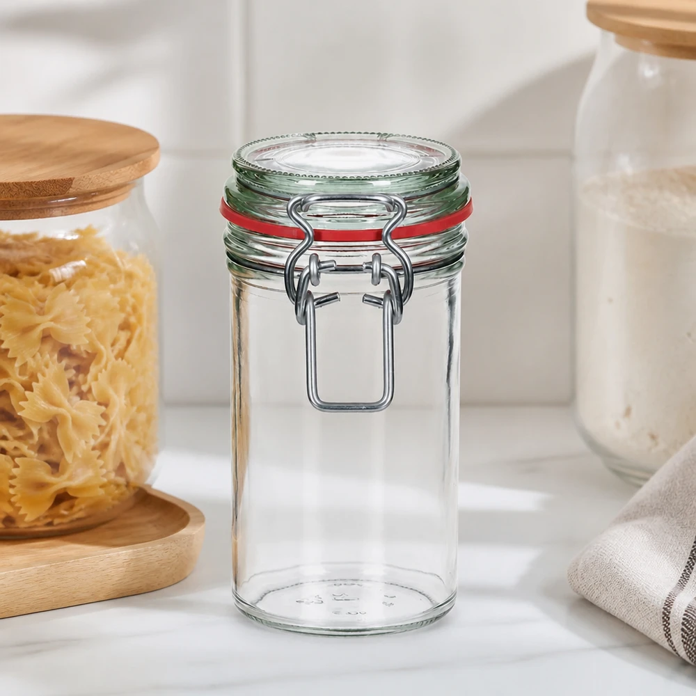 Tarro de almacenaje de 272 ml con tapa oscilante y cierre rojo en una cocina moderna junto a recipientes de pasta y blancos