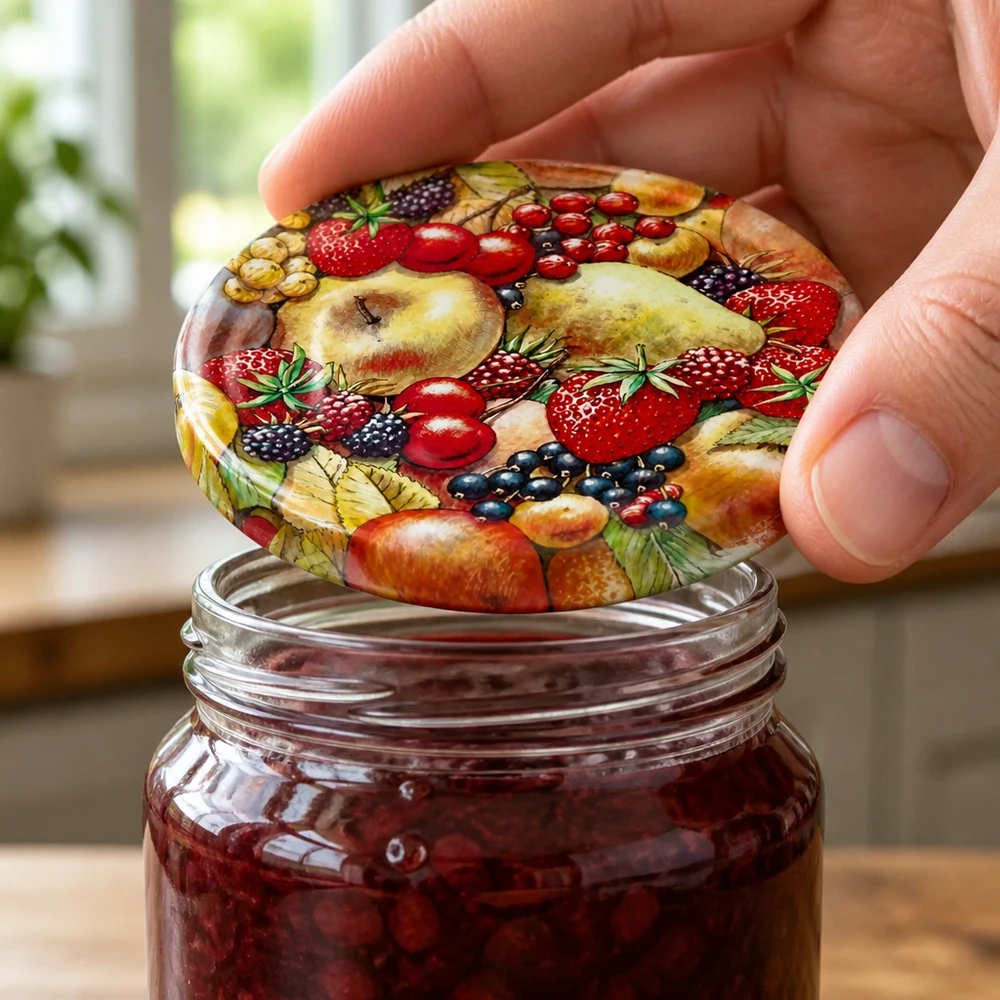Tapa BasicSeal de 82 mm con diseño de frutas (TO82) UNiTWIST La tapa UNiTWIST BasicSeal TO82 se coloca sobre un tarro de conserva lleno de frutos rojos.