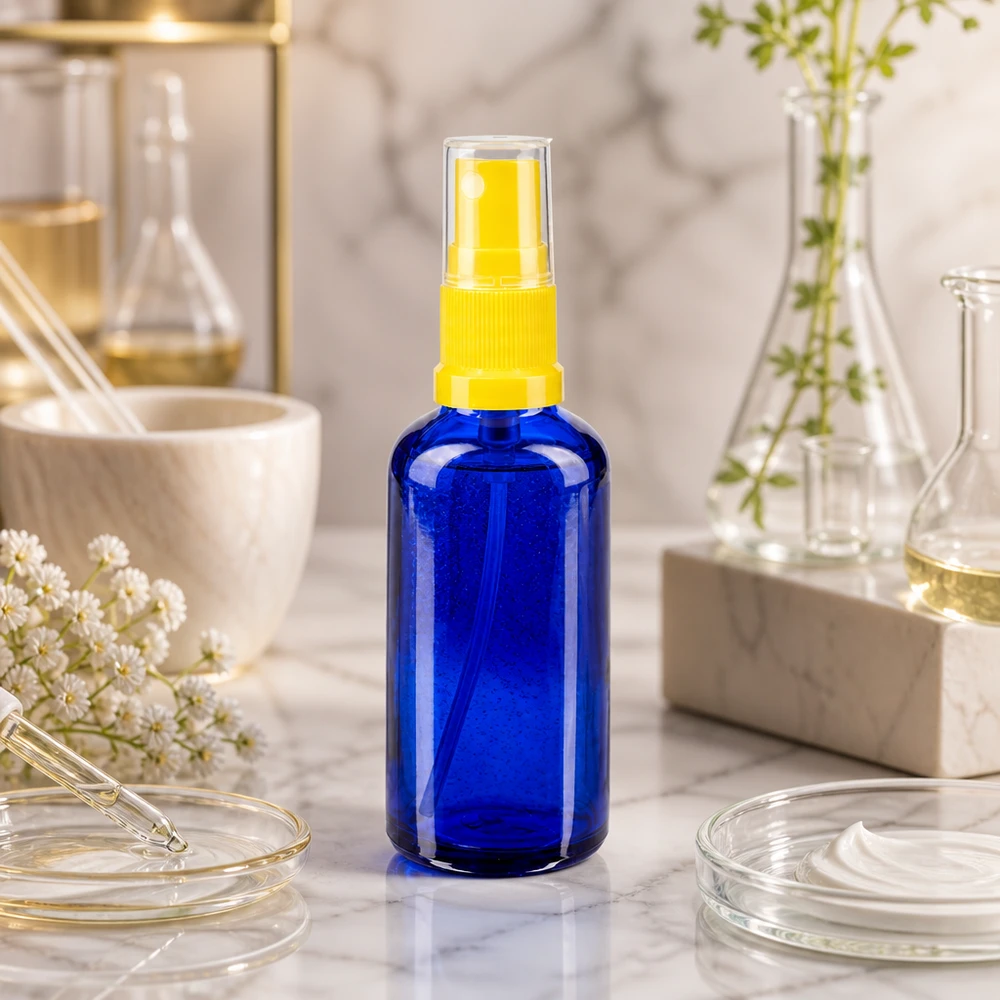 Pequeña botella de cristal azul de 50 ml con pulverizador amarillo sobre mármol blanco