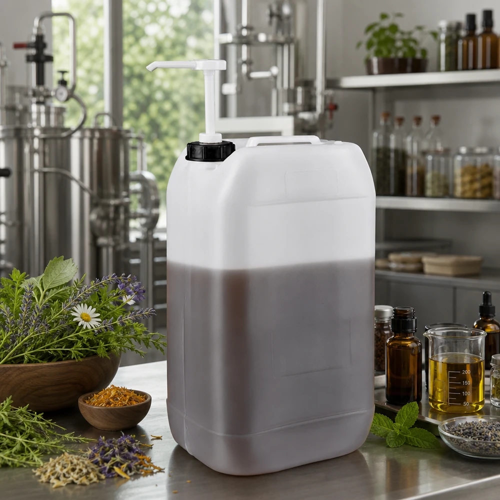 Bidón de 15 litros con bomba dosificadora, rodeado de hierbas medicinales, lavanda y aceites esenciales, en la producción de cosmética natural