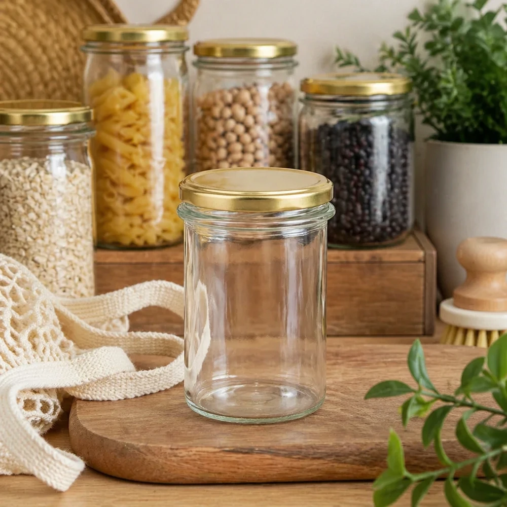 Tarro de cristal vacío de 230ml tapa BasicSeal oro UNiTWIST en cocina Zero Waste con tarros de almacenaje y plantas
