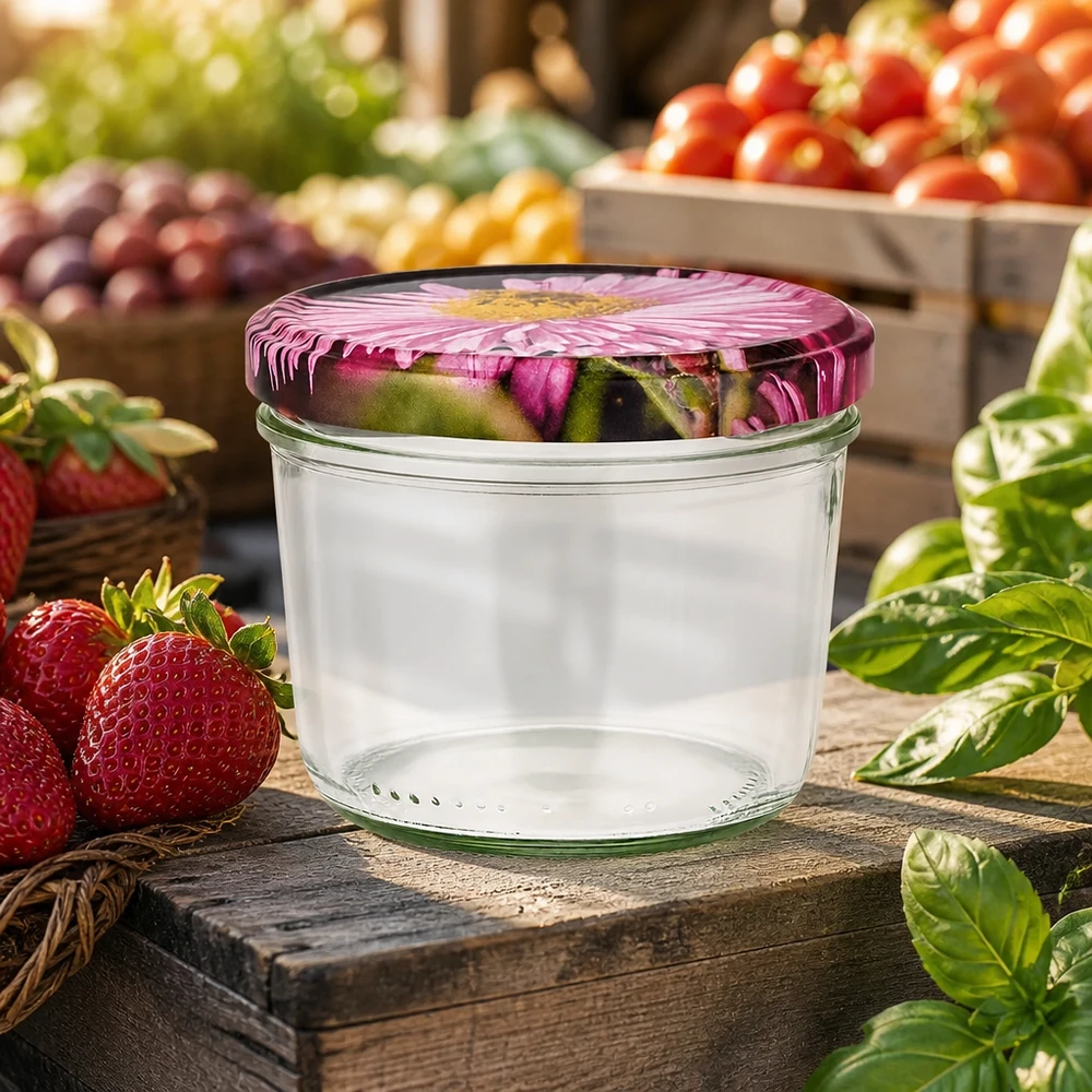 Vasos de 230ml + tapa BasicSeal diseño flor UNiTWIST Vasos de 230 ml con tapas de flores sobre una tabla de madera entre fresas y verduras frescas en un ambiente de mercado