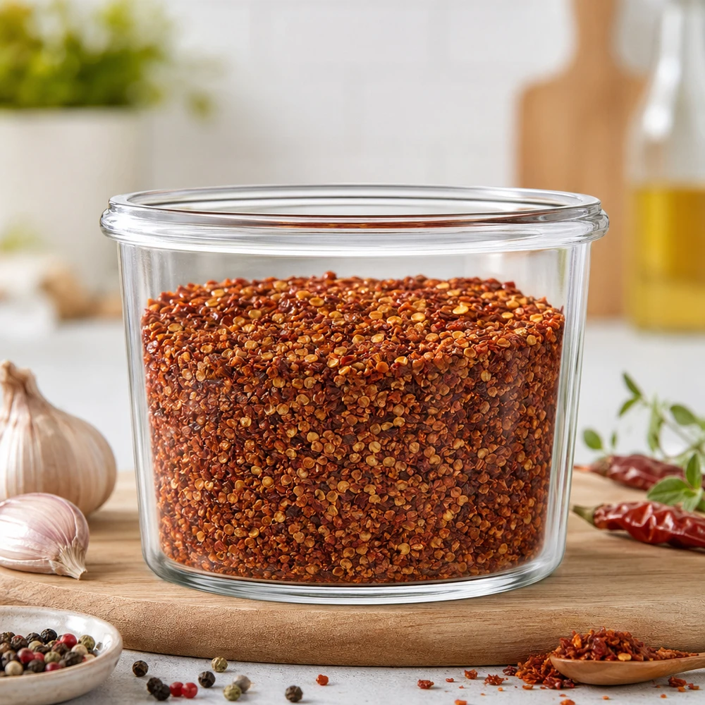 WECK tarro de cristal 35ml RR40 lleno de chile mezcla de especias en la cocina moderna en el tablero de madera