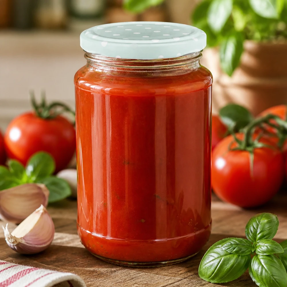Tarro redondo de cristal de 320 ml + BasicSeal con puntos color menta mate UNiTWIST Salsa de tomate casera en un tarro redondo de cristal UNiTWIST de 320 ml con tapa BasicSeal con puntos en color menta mate