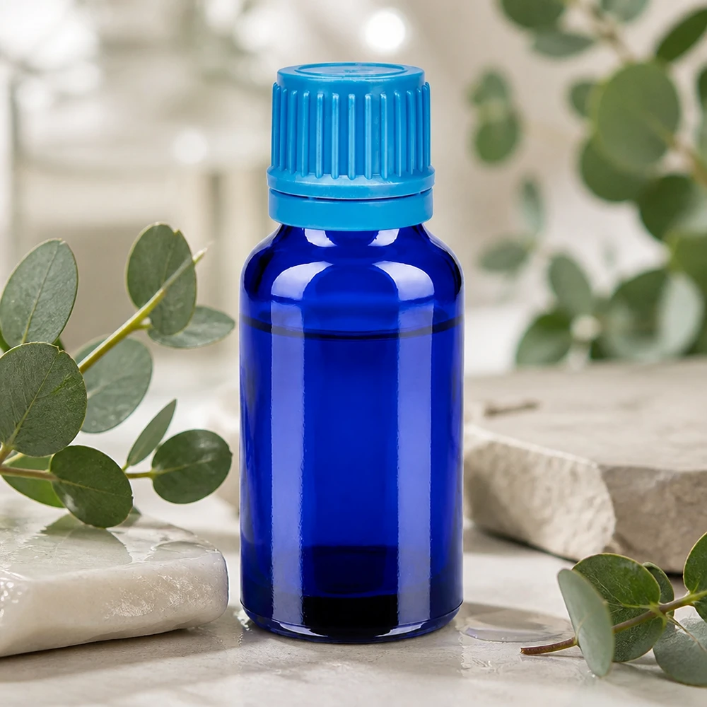 Frasco de vidrio de alta calidad de 20 ml con rosca de 11 mm y tapón de rosca hermético de color azul