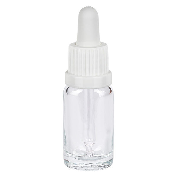Frasco pipeta 10ml tapón inviolable blanco ClearLine UT18/10 Frasco con pipeta de 10 ml de cristal transparente con tapón cuentagotas blanco, serie ClearLine