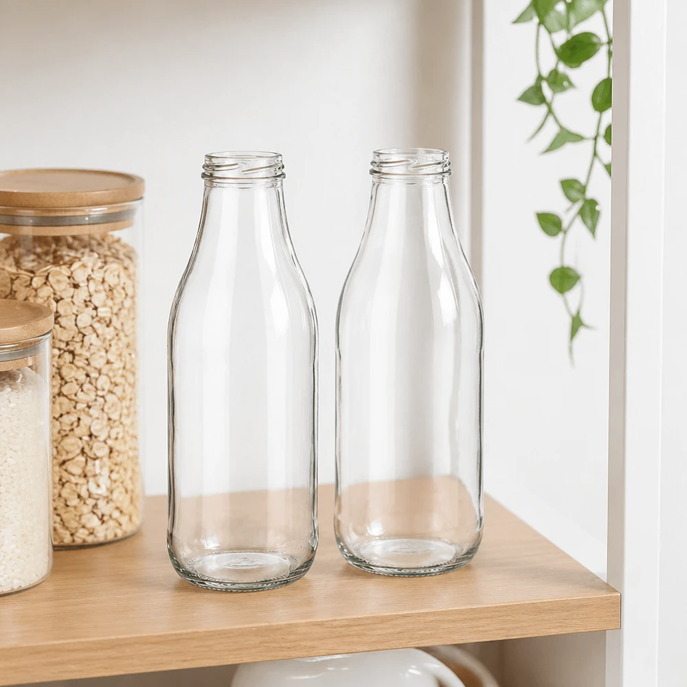 1000ml botellas de vidrio TO48 UNiTWIST dos botellas de leche vacías en el estante de madera en la cocina moderna con tarros de almacenamiento