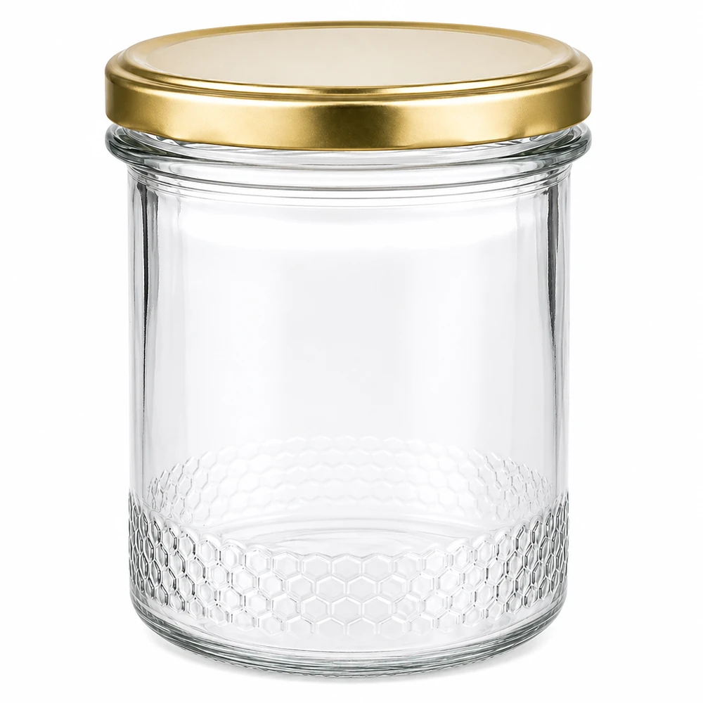 Tarro de miel de 400 ml vacío con tapa dorada BasicSeal UNiTWIST y motivo de panal en la base
