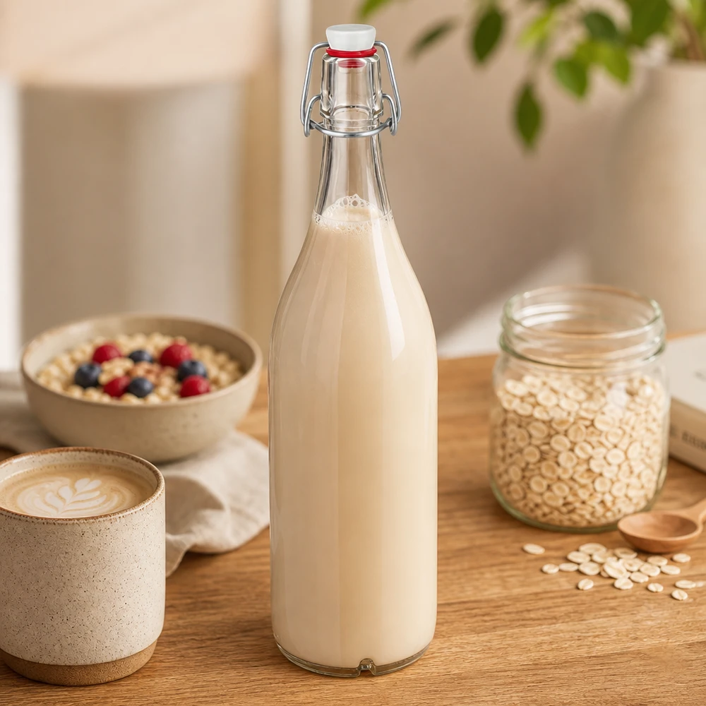 Botella de cristal de 1000 ml con tapón oscilante llena de leche de avena junto a un bol de avena y desayuno sobre una mesa de madera