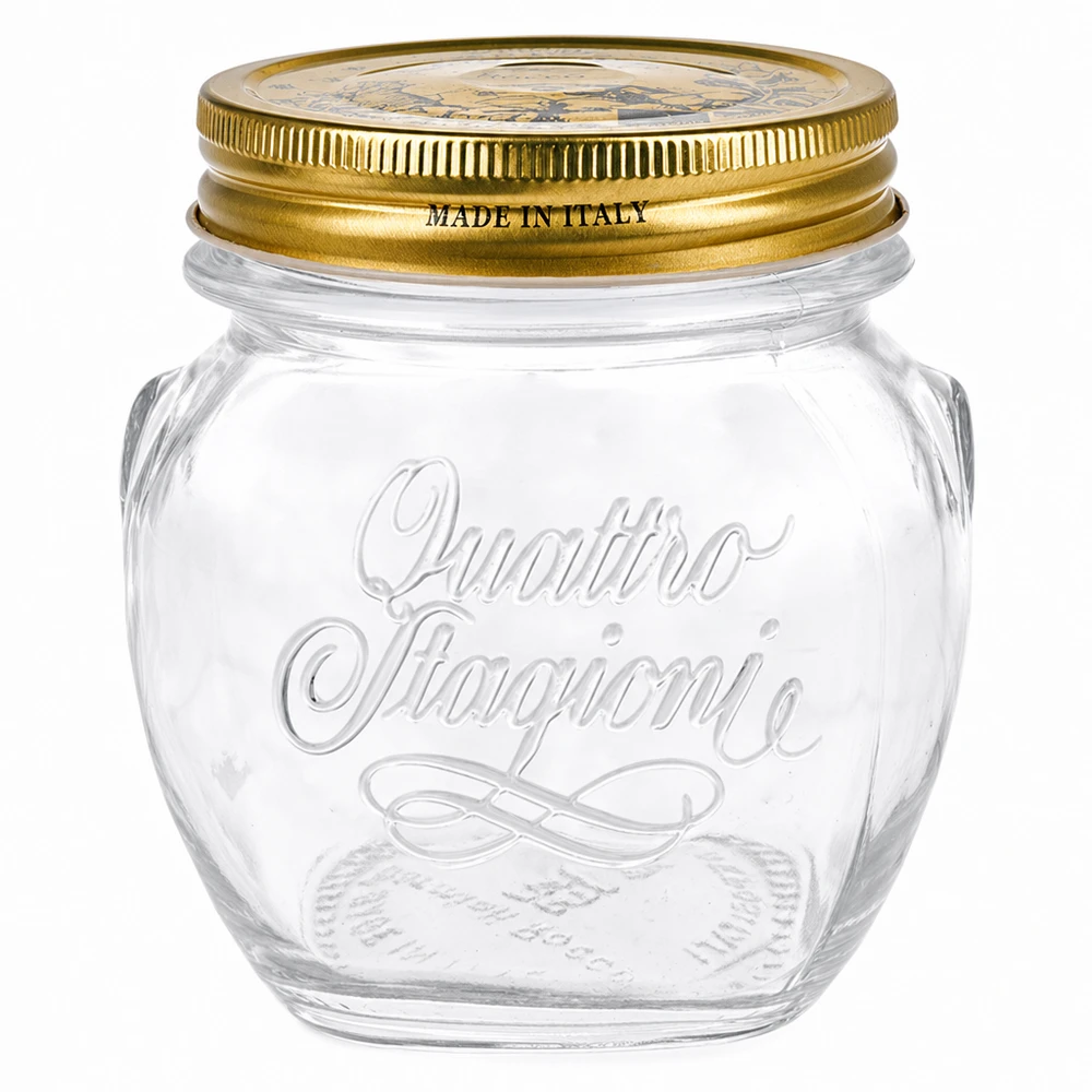 Tarro redondo "Quattro Stagioni" de 300 ml con tapa Tarro redondo de 300 ml Quattro Stagioni con tapa dorada Made in Italy tarro para conservas transparente vacío
