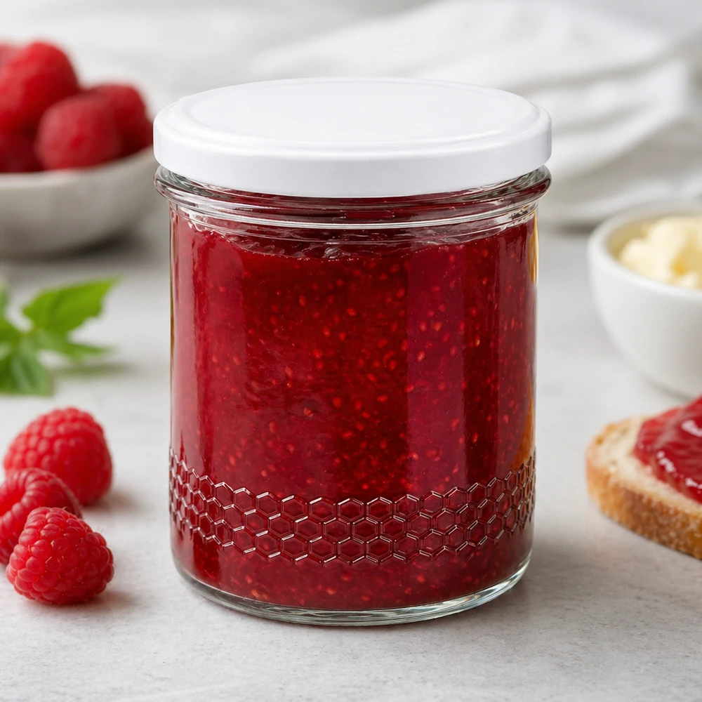 Tarro de miel de 400 ml como tarro de mermelada para mermelada de frambuesa rellena de mermelada roja escena del desayuno Tapa BasicSeal blanca