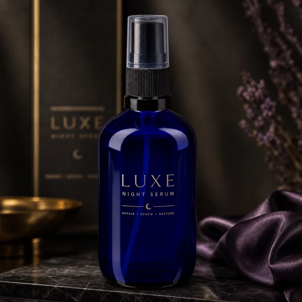 Lujoso frasco de spray de cristal azul de 100 ml con pulverizador negro, sobre una base de mármol con tela de seda y flores secas
