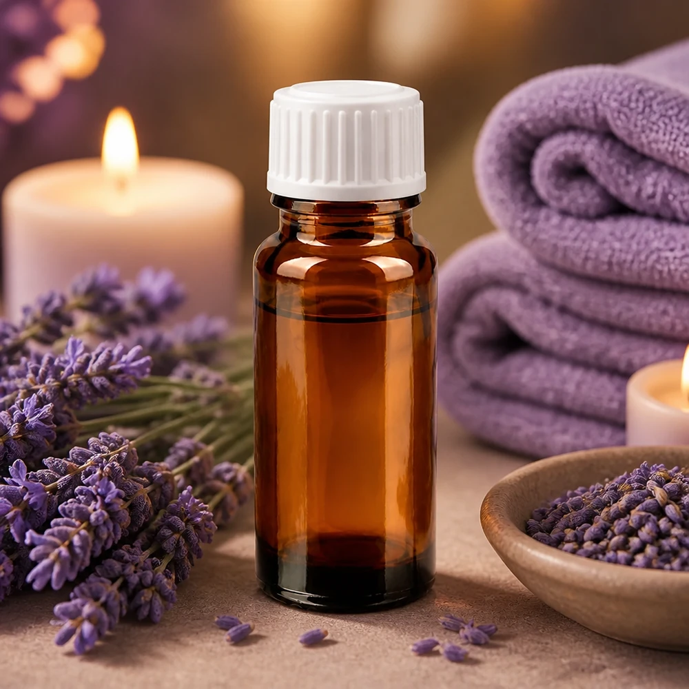 Botella de farmacia marrón 10ml tapón cuentagotas blanco 0.8mm estándar Frasco de farmacia marrón de 10 ml con gotero blanco de 0,9 mm, rodeado de flores de lavanda y velas