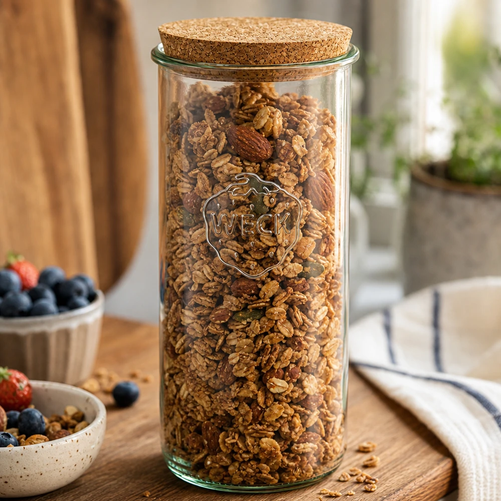 WECK vasos 1500ml rellenos de muesli frutos secos tapa de corcho escena de cocina mesa de madera desayuno almacenamiento