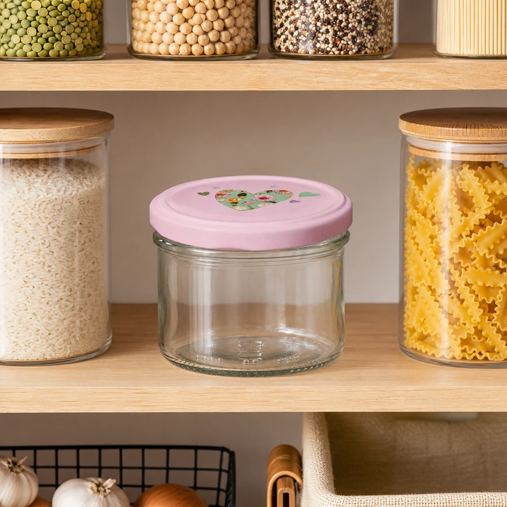 tarro cilíndrico de 230 ml + tapa BasicSeal rosa corazón Tarro cilíndrico de 230 ml con tapa rosa en forma de corazón en una despensa organizada entre pasta y arroz, ideal para organizar la cocina.