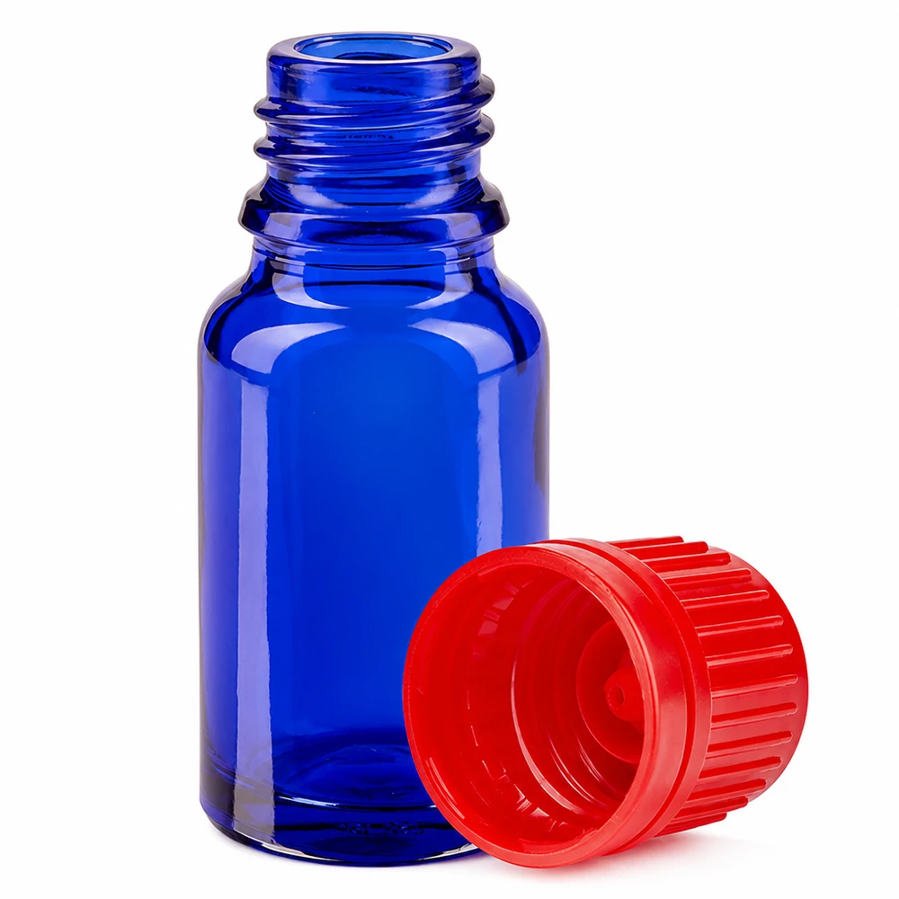Frasco 10ml 11mm tapón rosca rojo con precinto BlueLine UT18/10 Frasco de vidrio azul de 10 ml con tapón rojo 11 mm SV Serie BlueLine para una dosificación precisa