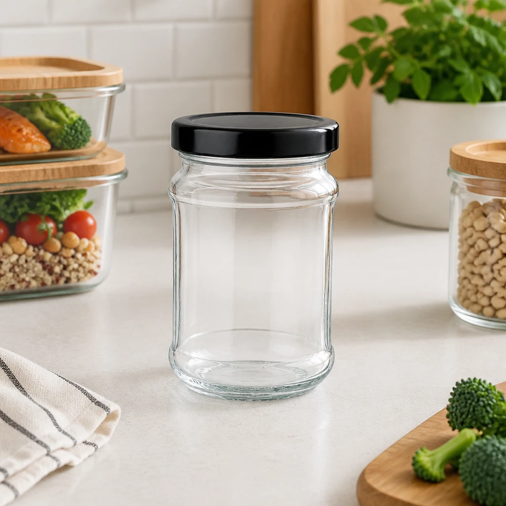 Tarro redondo de 390 ml con tapa negra BasicSeal vacío en la encimera de la cocina entre los recipientes de almacenamiento con verduras y legumbres