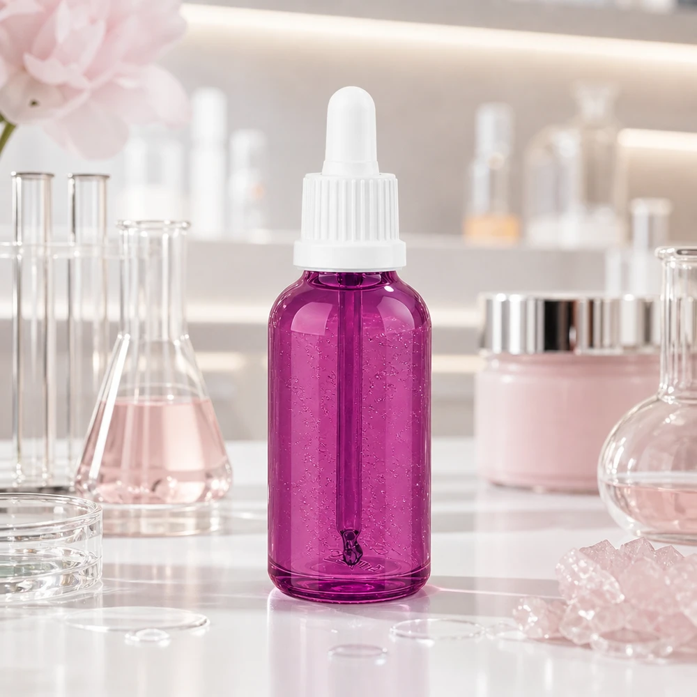 Frasco pipeta transparente de 30 ml en violeta con tapón blanco para una aplicación con cuentagotas precisa