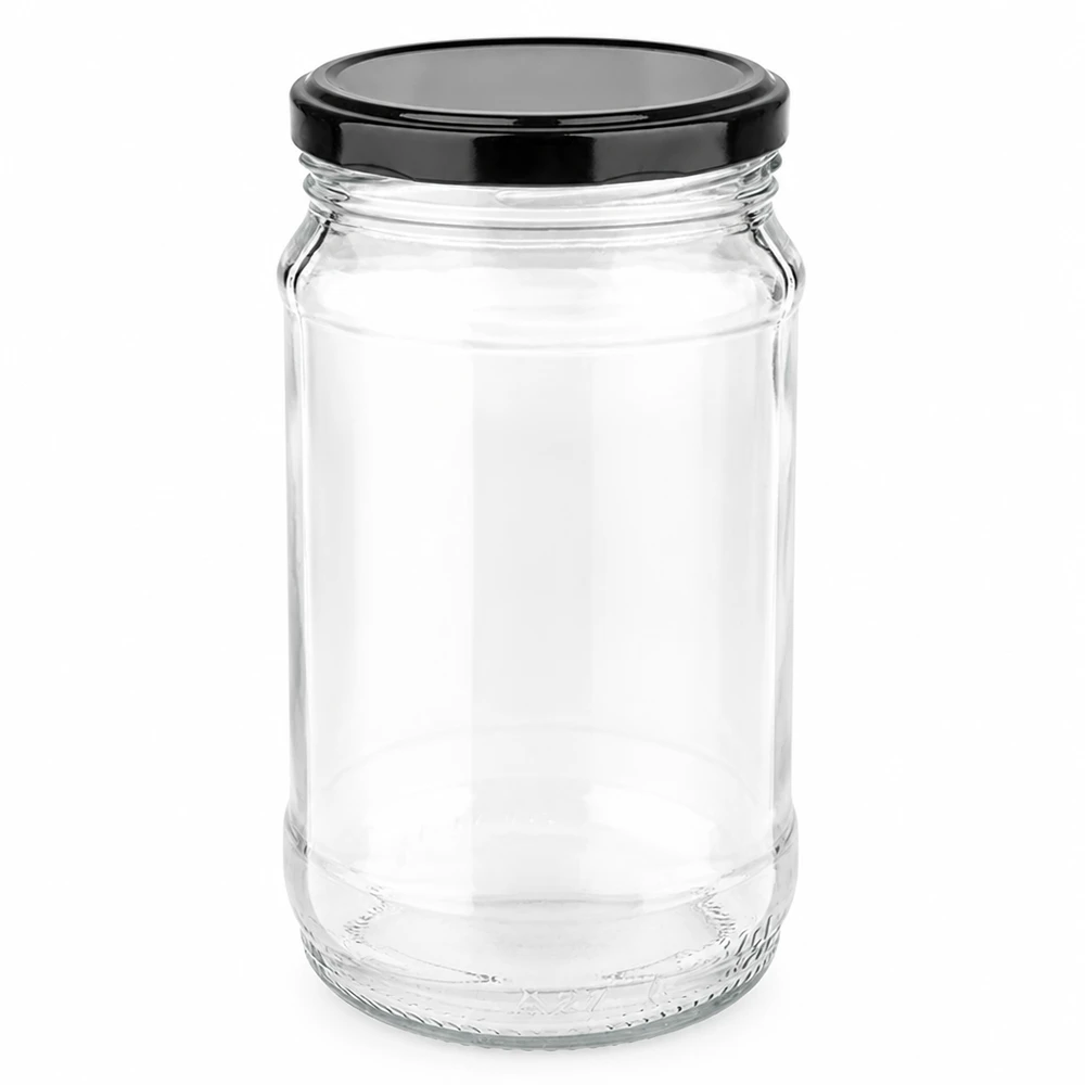 Vaso redondo de 370 ml con tapa BasicSeal negra de UNiTWIST, vacío y transparente sobre fondo blanco