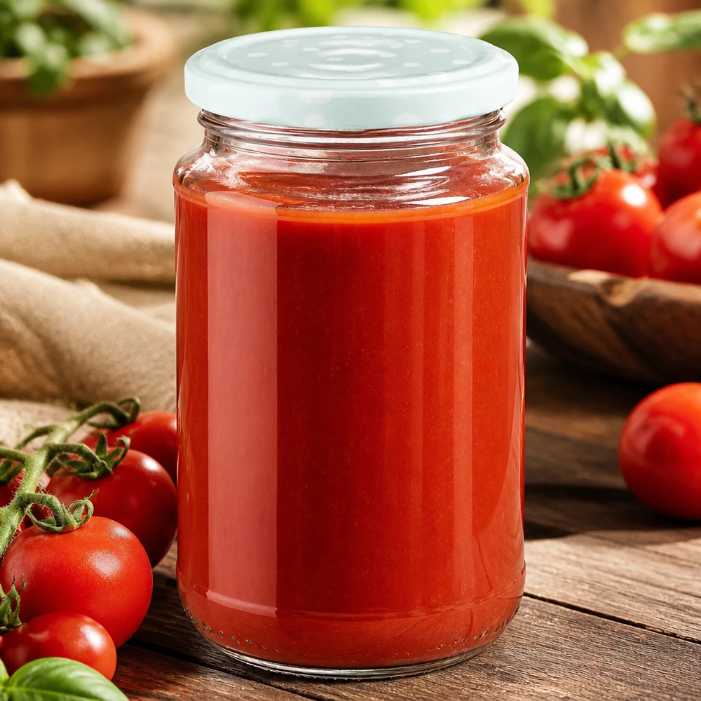 Salsa de tomate en un tarro redondo de cristal UNiTWIST de 320 ml con tapa BasicSeal con puntos en color menta mate y tomates frescos