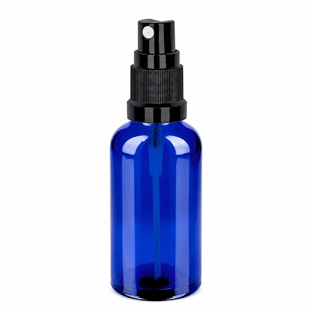 Frasco pulverizador de 50 ml negro con tapón estándar BlueLine UT18/50 Botella pulverizadora de cristal azul de 50 ml con pulverizador de bomba negro para dosificar líquidos con precisión