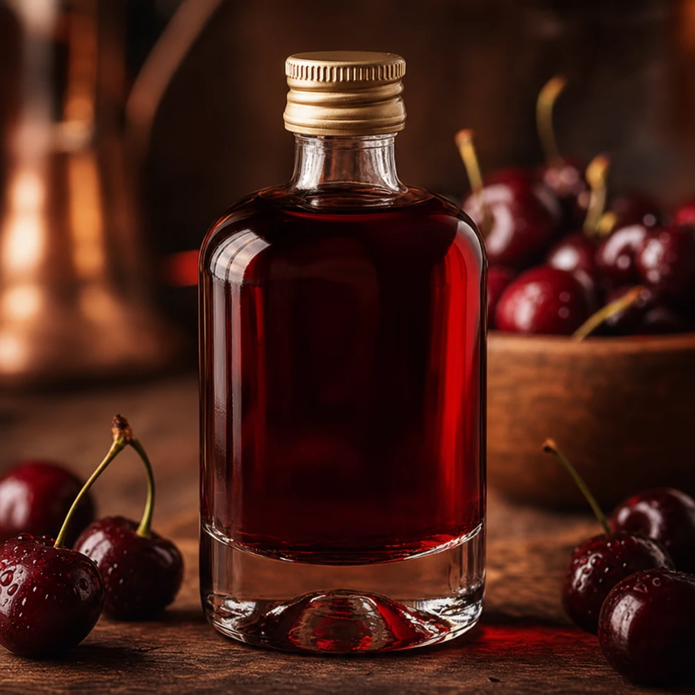 Botella de vidrio de 40 ml «Sara» con tapón de rosca dorado UNiTWIST® 40ml Glasflasche Sara mit Kirschlikör befüllt - edle Spirituosenflasche mit goldenem Verschluss für Obstbrände