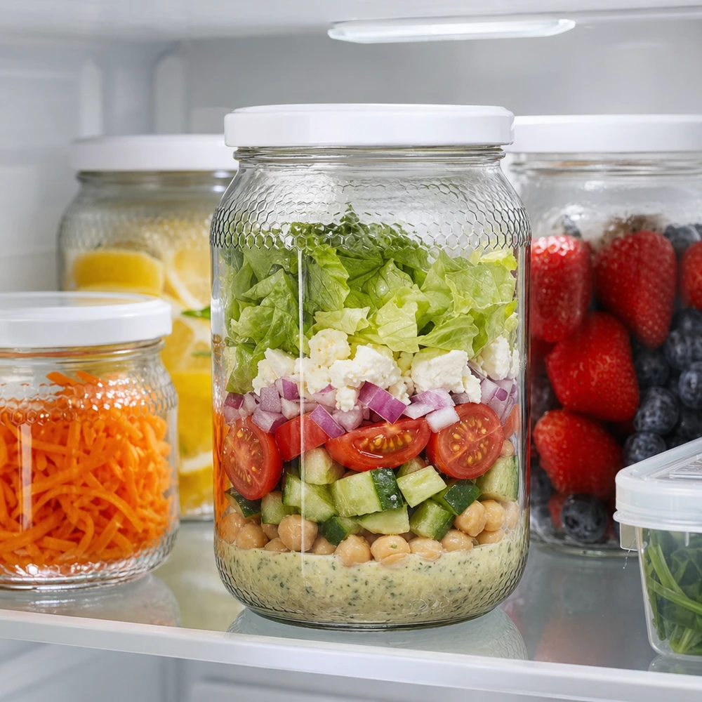 Tarro para miel de 1260 g con tapa blanca BasicSeal UNiTWIST Tarro de miel de 900 ml como tarro de ensalada de preparación de comidas en el frigorífico lleno de ensalada en capas Tapa BasicSeal UNiTWIST