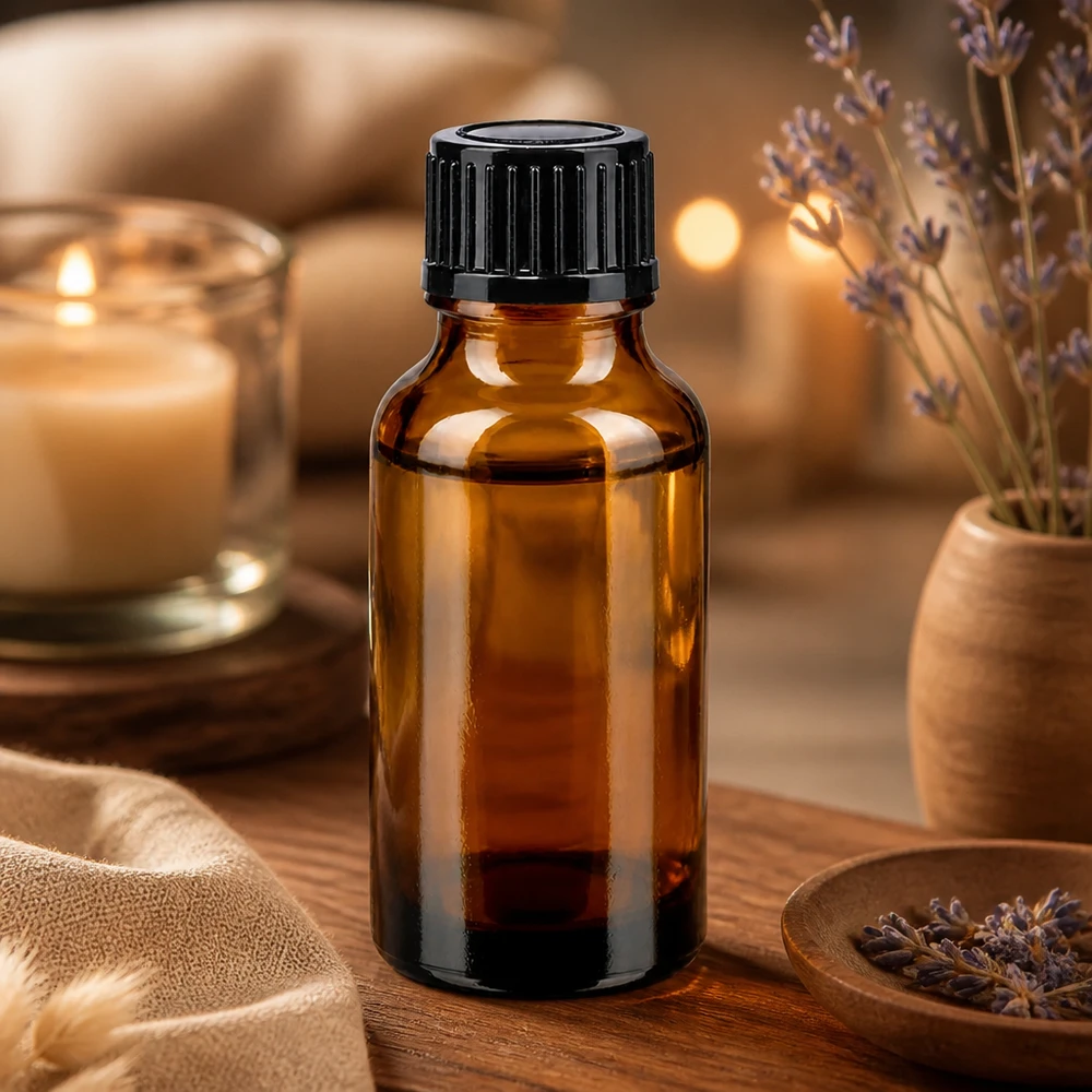 Frasco de farmacia marrón de 20 ml con tapón negro de 11 mm, con velas y ramitas de lavanda delante