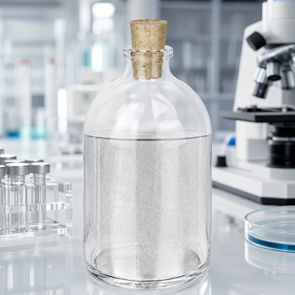 Botella de vidrio transparente, 100ml, con corcho 11/14mm Verschlossene Klarglasflasche 100ml mit Korken 11/14mm und milchig weißem Laborinhalt