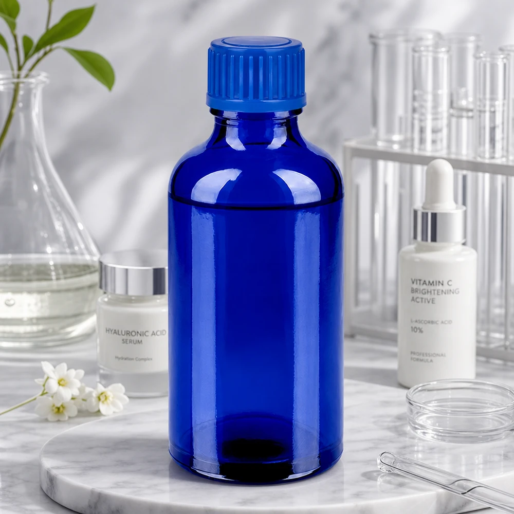 Frasco de vidrio de 50 ml de alta calidad en azul cobalto intenso con robusto tapón de rosca para aplicaciones de laboratorio