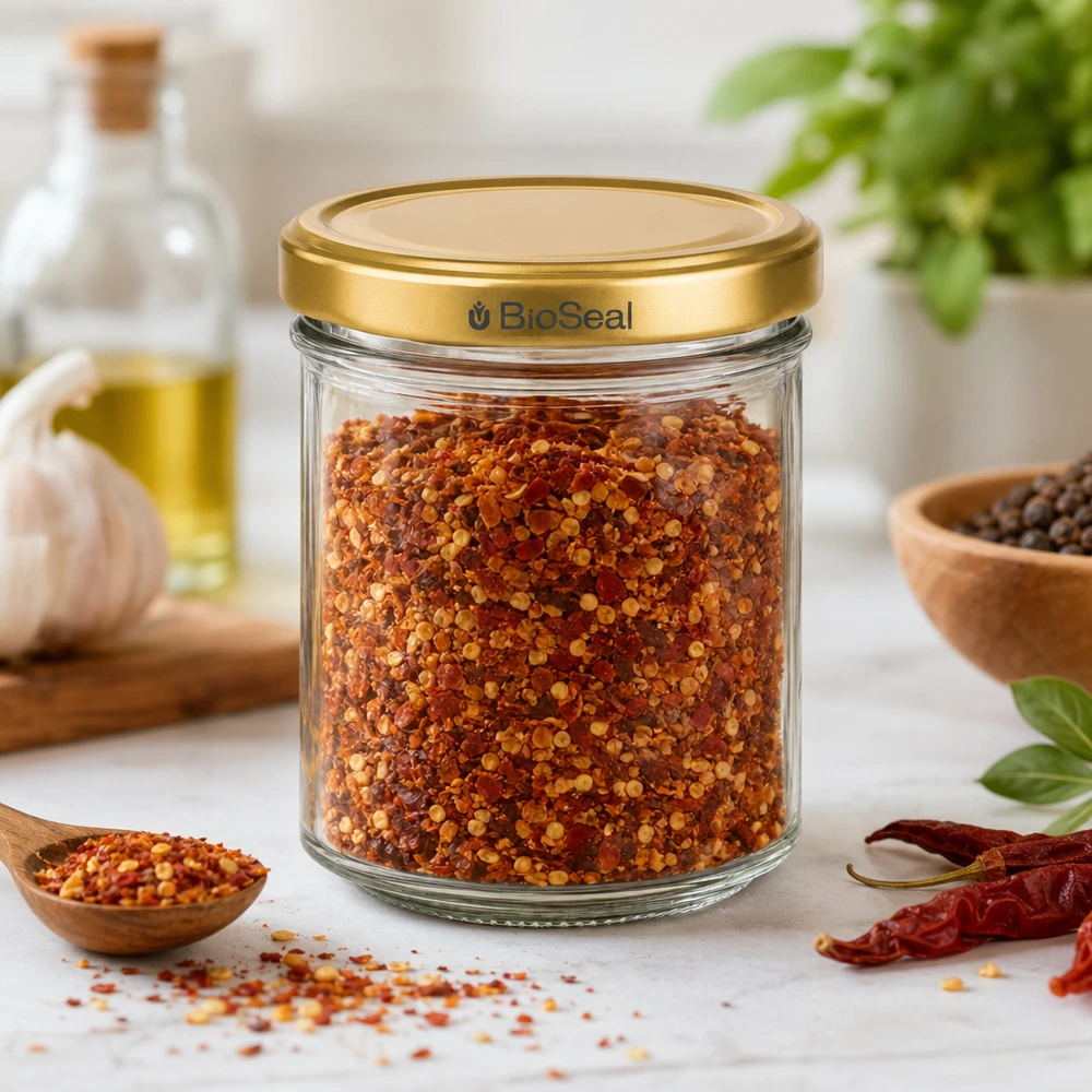 Tarro para miel de 200 g con tapa dorada BioSeal UNiTWIST BioSeal 200g Glasbehaelter mit goldenem Deckel gefuellt mit roter Gewuerzmischung umgeben von Kuechenzubehoer und Kraeut