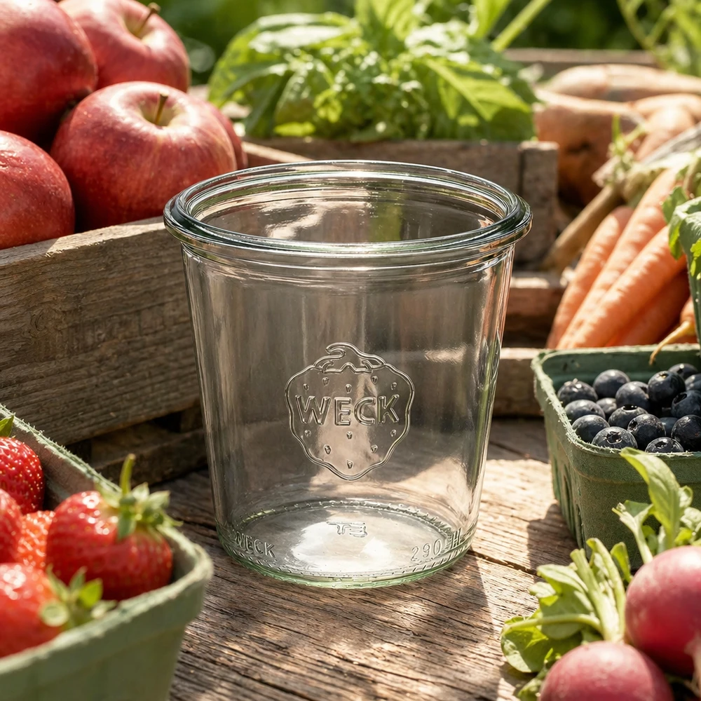 Vaso WECK 290ml RR80 alto de cristal con logotipo rodeado de fruta y verdura fresca sobre una mesa de madera