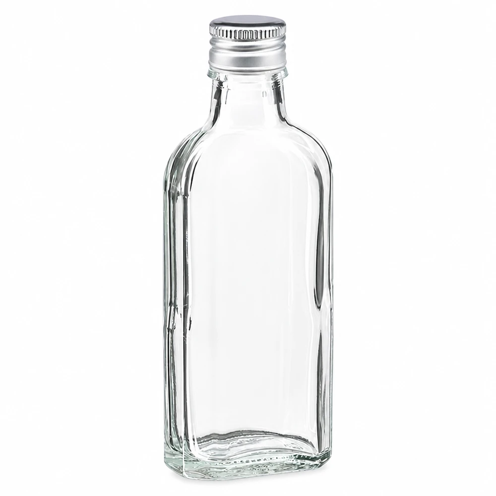 Botella de cristal Meplat transparente de 100 ml con tapón de aluminio plateado PP22 para licores y aceites